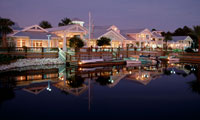 Night time at Disney's Old Key West Resort with mirror image in the water